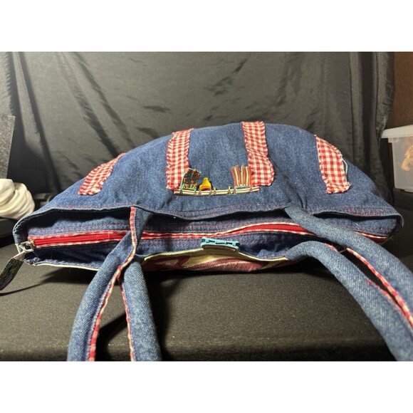 2000s Anne Ormsby Beach Bag Patriotic Surf Denim bag "Surviving Stress" American - Picture 8 of 14